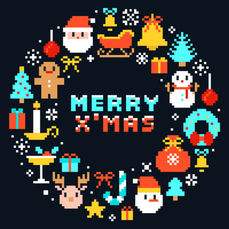 Pixel Art Christmas Icon Wreath with Merry Xmas Greeting Vector Illustrationのイラスト素材