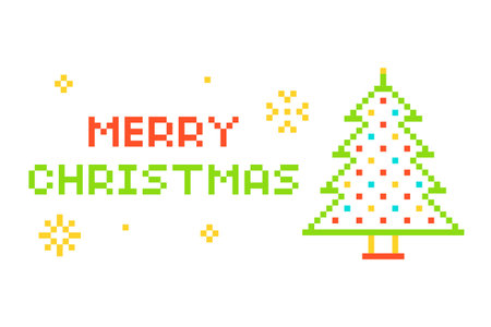 Pixel Art Decorated Christmas Tree with Merry Christmas Greeting Vector Illustrationのイラスト素材