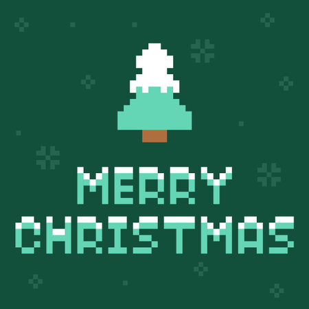 Pixel Art Merry Christmas Typography with Winter Tree Vector Illustrationのイラスト素材