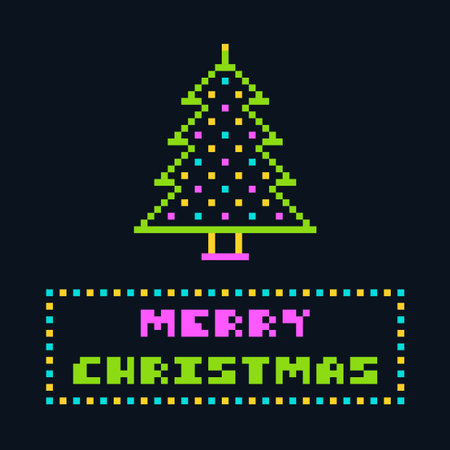 Pixel Art Christmas Tree Banner with Merry Christmas Typography Vector Illustrationのイラスト素材
