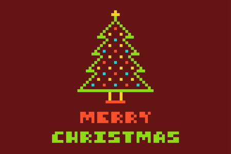 Pixel Art Decorated Christmas Tree with Merry Christmas Text Vector Illustrationのイラスト素材
