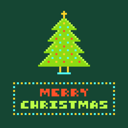 Pixel Art Christmas Tree Frame with Merry Christmas Greeting Vector Illustrationのイラスト素材