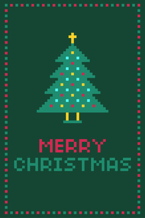 Pixel Art Christmas Tree Frame with Merry Christmas Text Vector Illustrationのイラスト素材