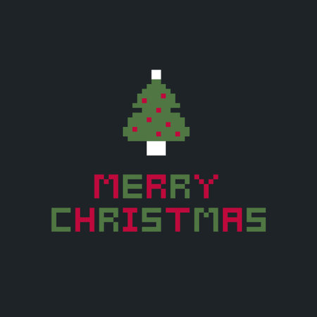 Minimalist Pixel Art Christmas Tree with Merry Christmas Text in Retro 8 Bit Style Vector Illustrationのイラスト素材