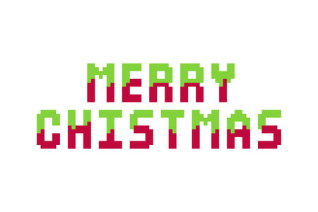 Simple pixel art Merry Christmas text in green and red on a clean white background Vector Illustrationのイラスト素材