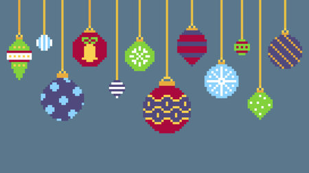 Hanging pixel art Christmas ornaments in colorful designs on a soft blue background Vector Illustrationのイラスト素材