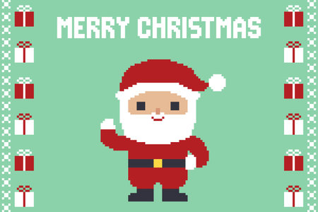 Pixel Art Waving Santa Claus With Gift Border And Merry Christmas Typography Card Vector Illustrationのイラスト素材
