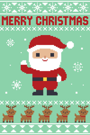 Pixel Art Waving Santa Claus With Reindeer Row Christmas Card Vector Illustrationのイラスト素材