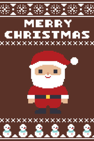 Pixel Art Santa Claus Portrait Merry Christmas Card With Snowman Border Vector Illustrationのイラスト素材