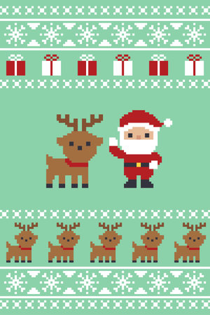 Pixel Art Santa Claus And Reindeer Christmas Card Vector Illustrationのイラスト素材