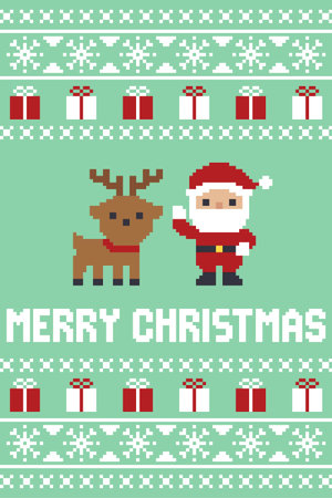 Pixel Art Santa Claus And Reindeer Gift Border Card Vector Illustrationのイラスト素材