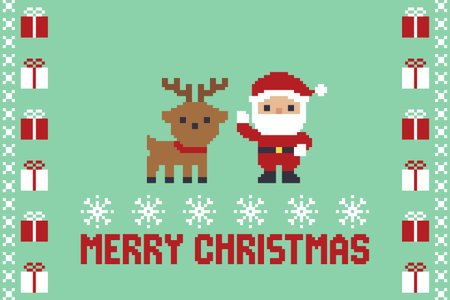 Pixel Art Santa Claus And Reindeer With Gift Borders Merry Christmas Card Vector Illustrationのイラスト素材