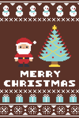 Pixel Art Santa Claus With Decorated Christmas Tree Merry Christmas Card Vector Illustrationのイラスト素材