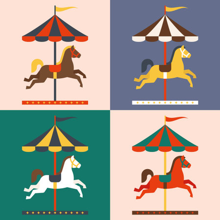 Carousel Horse Color Variations Carnival Amusement Ride Vector Illustration Setのイラスト素材