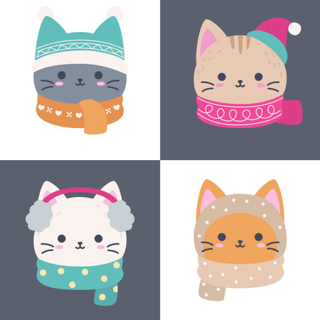 Cute Winter Cat Head Set with Hat and Scarf Flat Vector Illustrationのイラスト素材
