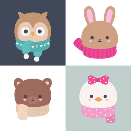 Cute Winter Animal Head Set Owl Rabbit Bear Duck Flat Vector Illustrationのイラスト素材