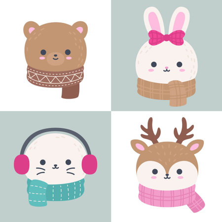 Cute Winter Animal Head Set Bear Rabbit Seal Reindeer Flat Vector Illustrationのイラスト素材