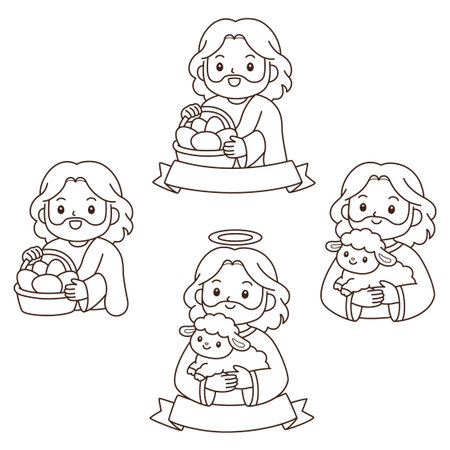 Set of four cute cartoon Jesus vector outline illustrations with lamb basket and halo coloring pageのイラスト素材