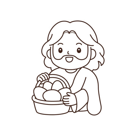 Cute cartoon Jesus carrying Easter egg basket simple coloring page outline Vector Illustrationのイラスト素材