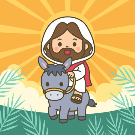 Cute chibi Jesus riding donkey with golden sunray background and palm leaves in Palm Sunday Vector Illustrationのイラスト素材