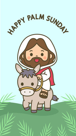 Cute kawaii Jesus riding donkey Happy Palm Sunday on teal blue background Vector Illustrationのイラスト素材