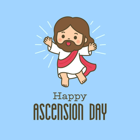 Cute chibi Jesus with rays of light and Happy Ascension Day text on light blue background Vector Illustrationのイラスト素材
