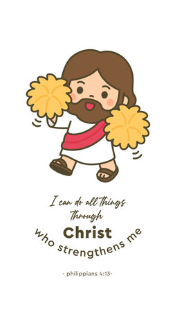 Cute kawaii Jesus with pom poms I Can Do All Things Through Christ Philippians 4 13  Vector Illustrationのイラスト素材