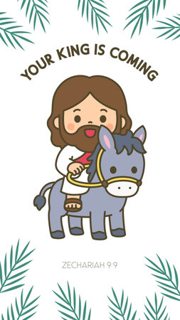 Cute kawaii Jesus riding donkey Your King Is Coming Palm Sunday Bible verse card Vector Illustrationのイラスト素材