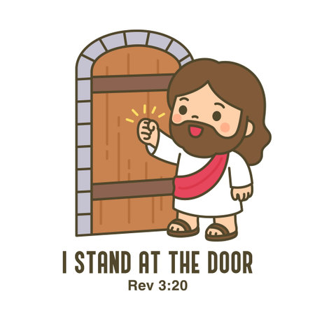 Cute chibi Jesus knocking on door with I Stand at the Door Rev 3 20 Bible verse on white background Vector Illustrationのイラスト素材