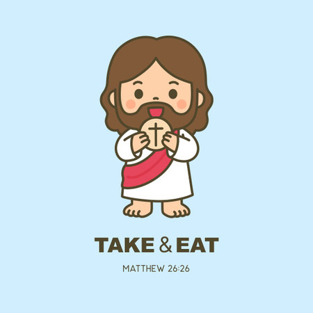 Cute chibi Jesus holding bread with cross and Take and Eat Matthew 26 26 Bible verse on blue background Vector Illustrationのイラスト素材