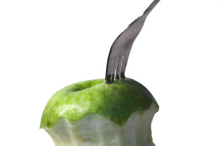 apple, autumn, crutch, cutlery, diet, drew, drop, eat, fall, fork, fruit, green, prong, vitamin, water, yellow,の写真素材