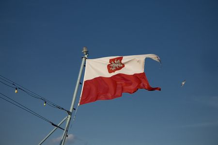 ship flag poland  on blue seaの写真素材