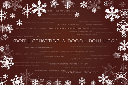Happy new year and merry christmas card in world languages and sparkling stars backgroundの写真素材