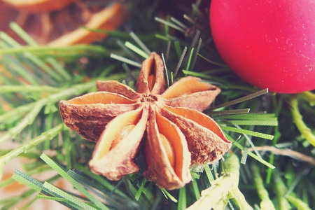 Macro color natural decoration on christmas with orange, tree,の写真素材
