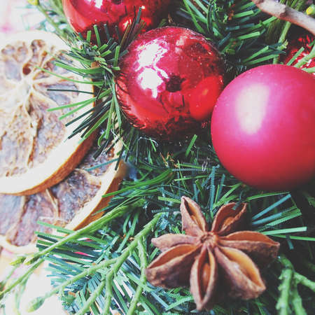 Macro color natural decoration on christmas with orange, tree,    の写真素材