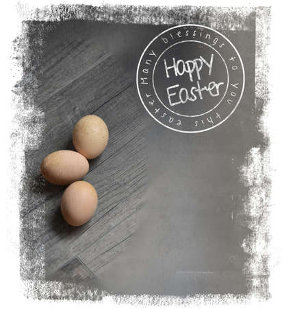 a modest postcard for Easter with eggs lying on a neutral background