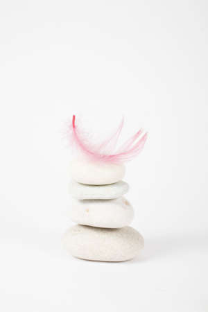 small light beautiful pink feather lying on a pile of gray stonesの写真素材