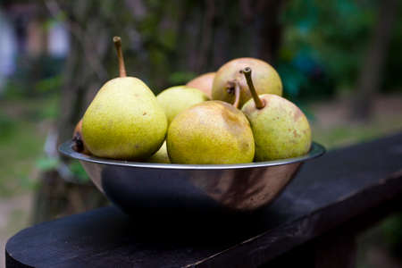 tin bowl full of fresh green summer gourches standing on the terraceの写真素材