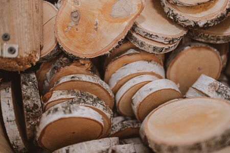 natural background from birch trunk cut into oval piecesの写真素材