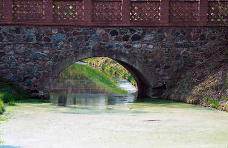 old historic stone and wood bridge over water with plant coverの写真素材