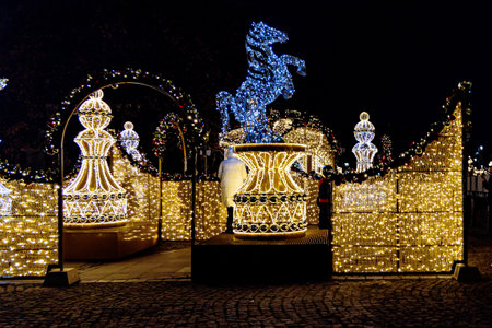 beautiful streets at night with decorations for Christmas Warsaw Poland in the city centerのeditorial素材