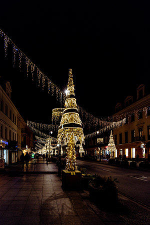 beautiful streets at night with decorations for Christmas Warsaw Poland in the city centerのeditorial素材