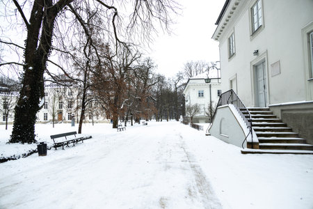 beautiful park Åazienki KrÃ³lewskie in Warsaw Poland on a snowy winter dayのeditorial素材