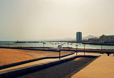beautiful seaside landscape from the capital of the Canary Island Lanzarote Arrecife in Spain on a sunny warm summer dayの写真素材