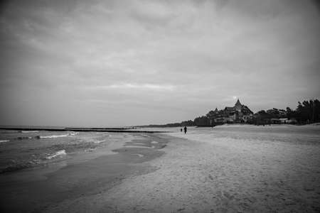 beautiful landscape on a winter day on the beach in Åeba in Poland with a historic hotel