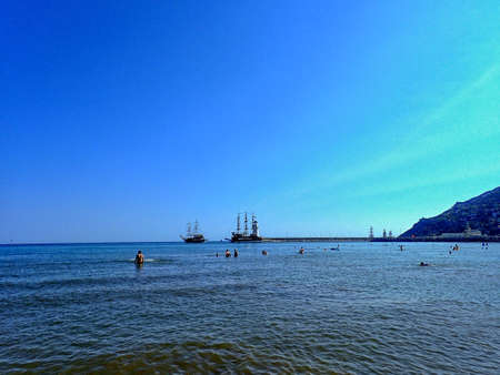 beautiful landscape with mediterranean sea on a warm summer day on the turkish coastの写真素材