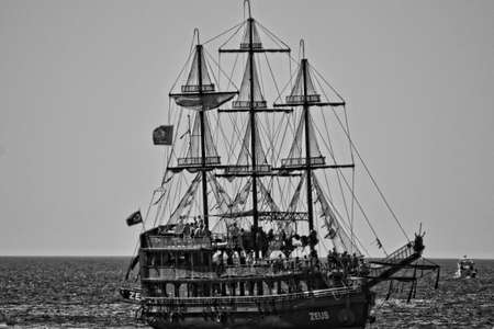 beautiful retro cruise ship in turkey at sea in summer day landscapeの写真素材