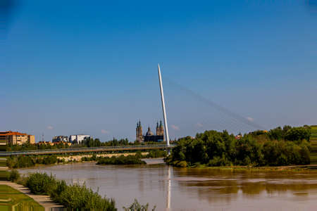 beautiful modern landscape of Zaragoza spain in summer day with river and bridge