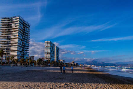 beautiful calm seaside landscape of san juan beach in alicante spain on a sunny dayの写真素材