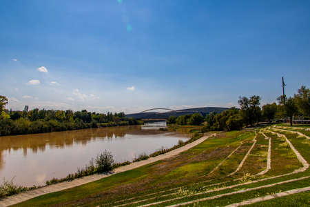 beautiful modern landscape of Zaragoza spain in summer day with river and bridge